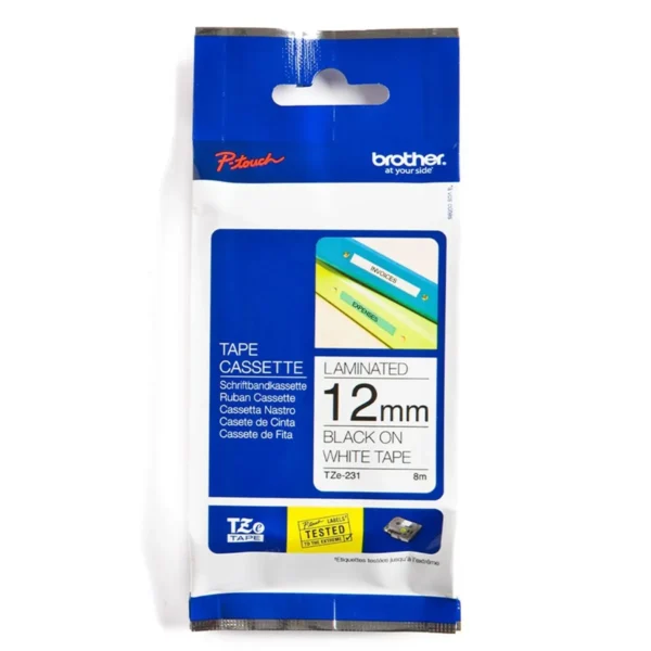 Cinta laminada Brother TZE231 texto negro sobre fondo blanco, ancho: 12mm x largo: 8 metros, compatible con Rotuladora PTH110BK