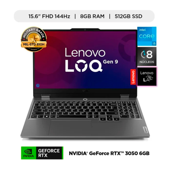 LENOVO | Laptop Gamer Lenovo LOQ Intel 15.6" Core i5-12450HX 8GB RAM 512GB SSD RTX 3050 6GB 144Hz